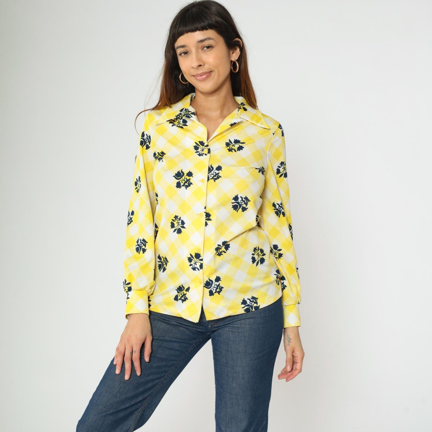 70s Checkered Floral Yellow Button-Up Blouse Long Sleeve Collared Shirt Small