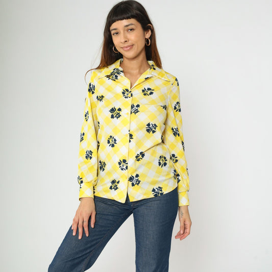 70s Checkered Floral Yellow Button-Up Blouse Long Sleeve Collared Shirt Small