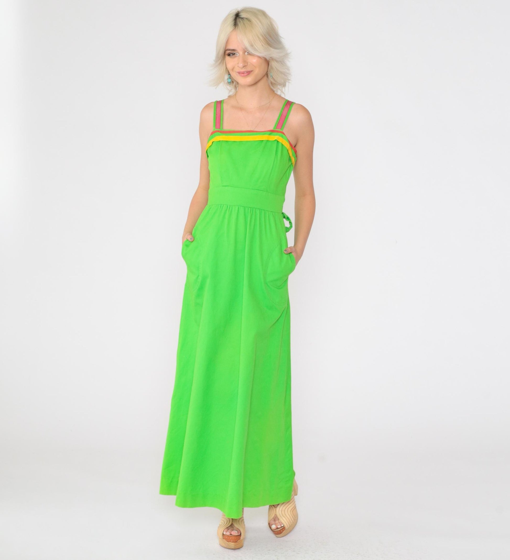 70s Bright Green Maxi Sundress Sleeveless High Waist Striped Trim Pockets XS