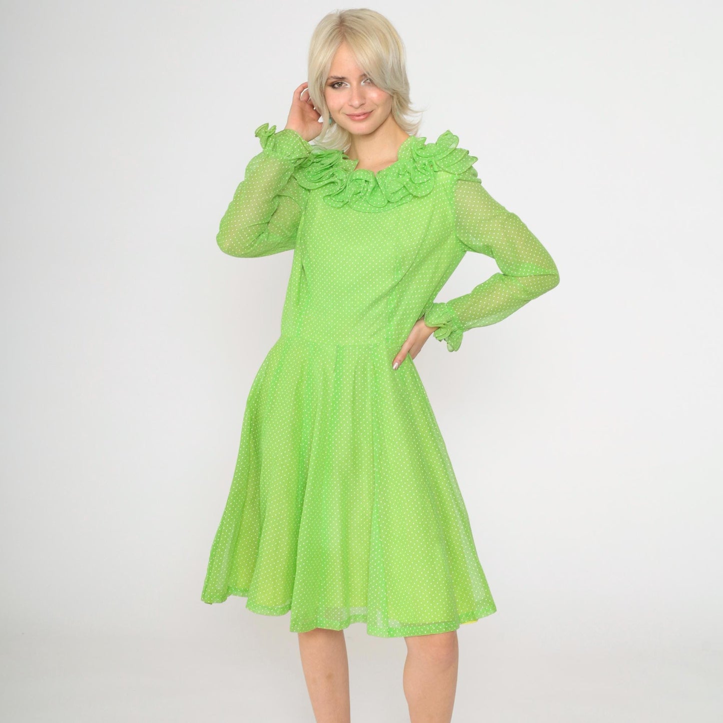 70s Coco California Polka Dot Midi Dress Green Ruffled High Waist Small