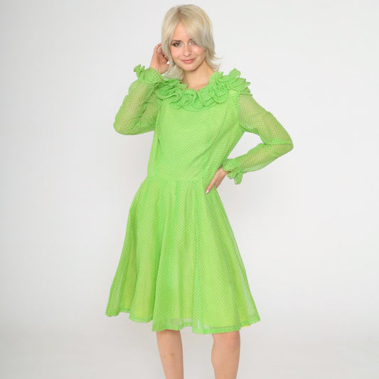 70s Coco California Polka Dot Midi Dress Green Ruffled High Waist Small