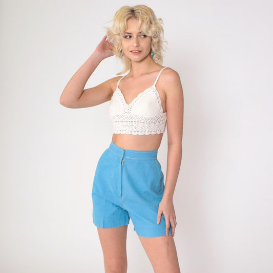 70s High-Waisted Shorts Blue Cotton Blend Hotpants Extra Small XS