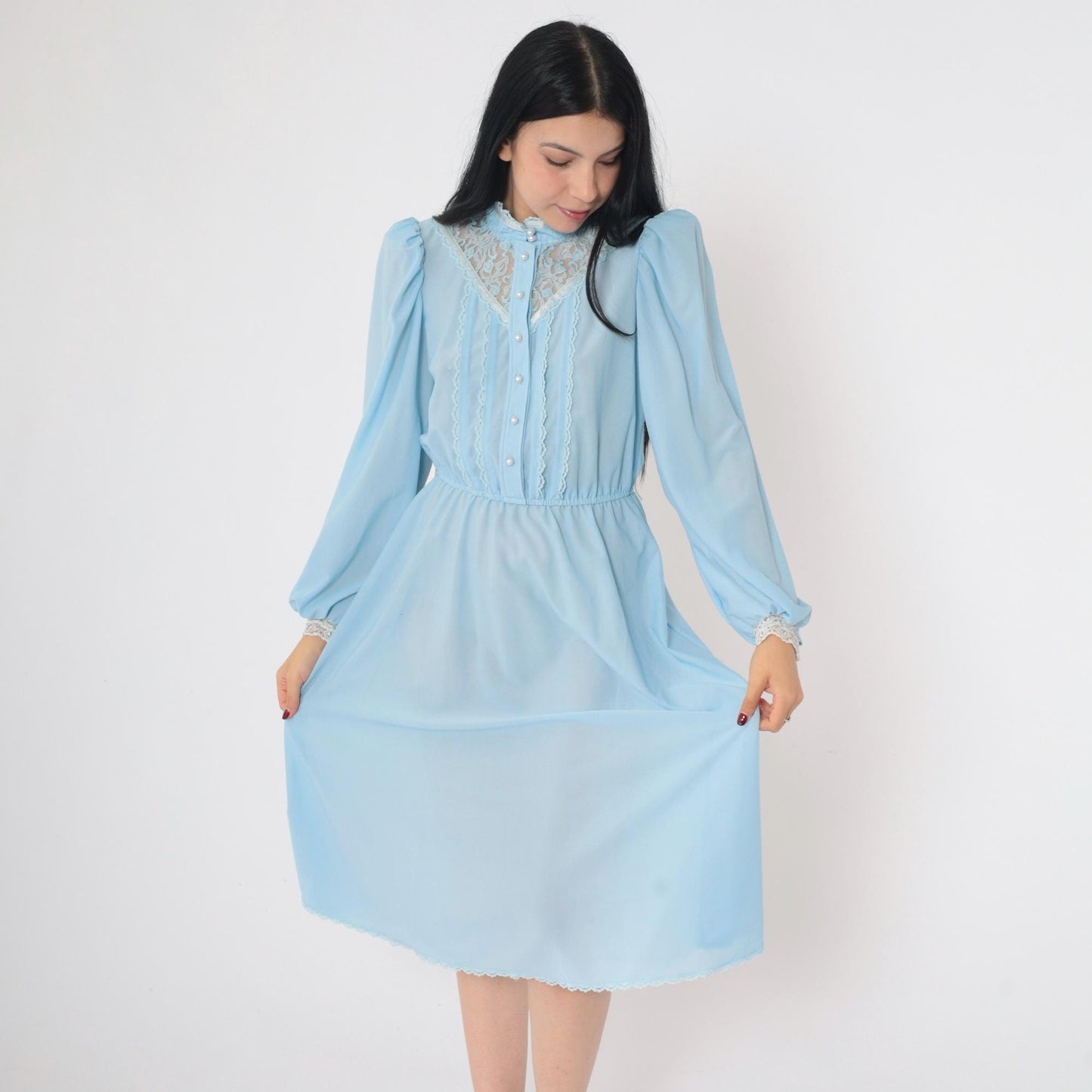 70s Baby Blue Midi Dress Pearl Button High Waist Puff Sleeve Lace Yoke Small