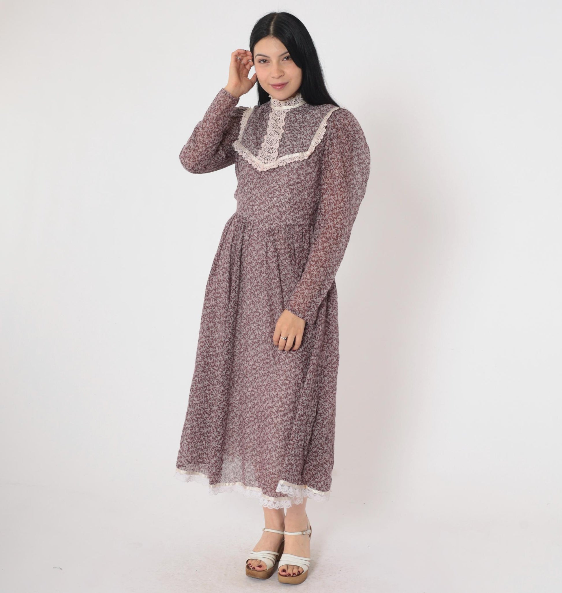 70s Gunne Sax Prairie Midi Dress Brown Floral Calico Lace Bib Puff Sleeve Extra Small