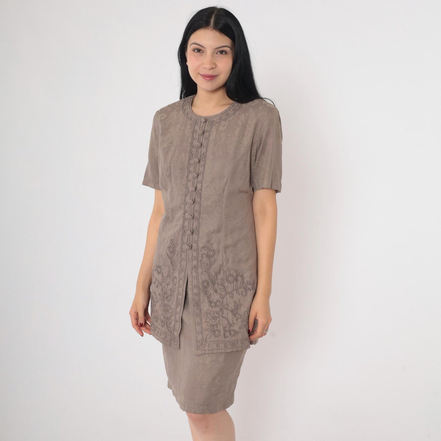 90s Brown Floral Soutache Sheath Dress Short Sleeve Knee-Length Small