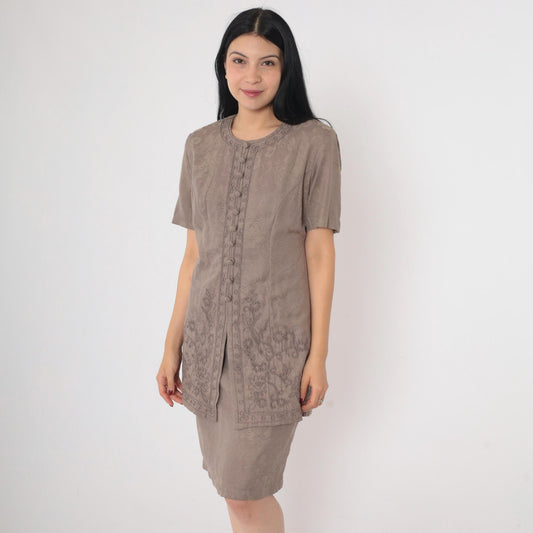 90s Brown Floral Soutache Sheath Dress Short Sleeve Knee-Length Small