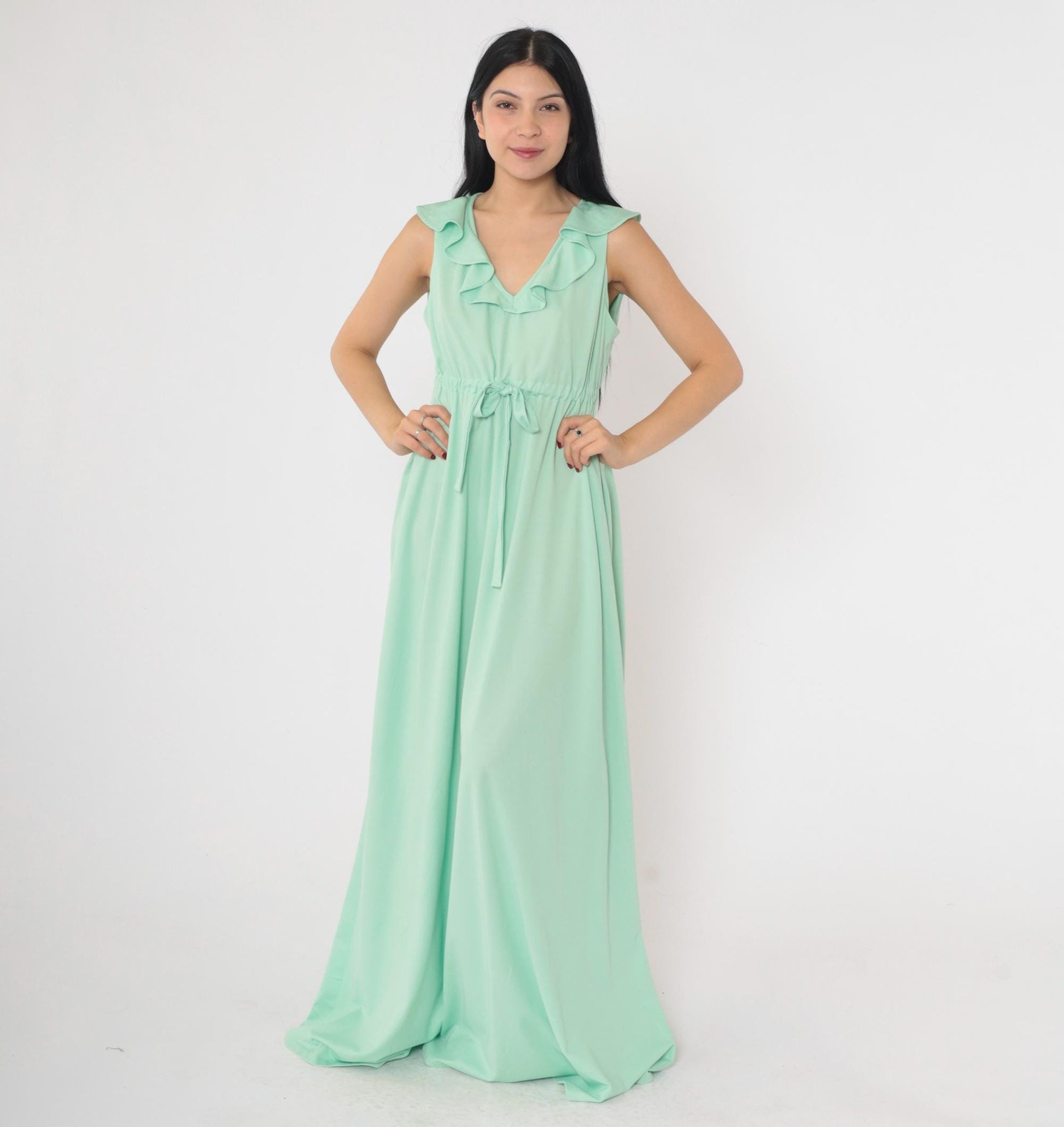 70s Mint Green Maxi Dress Ruffled V-Neck Sleeveless Drawstring Waist Medium