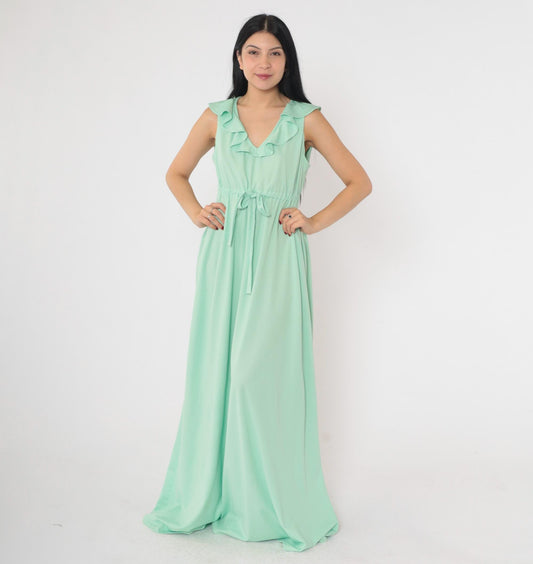 70s Mint Green Maxi Dress Ruffled V-Neck Sleeveless Drawstring Waist Medium
