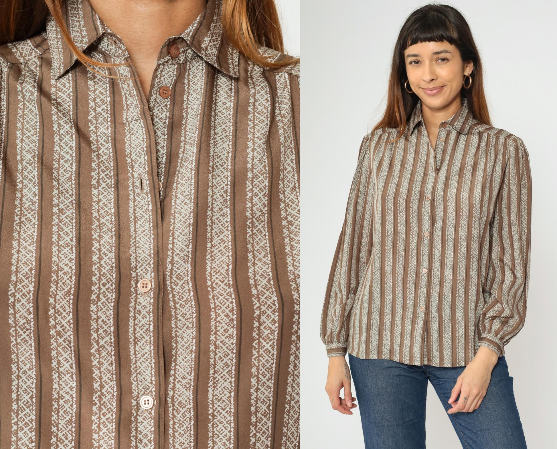 80s Brown & White Striped Puff Sleeve Blouse Collared Button Up Medium