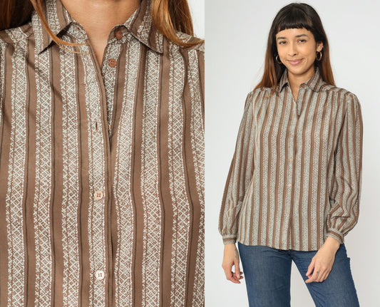 80s Brown & White Striped Puff Sleeve Blouse Collared Button Up Medium