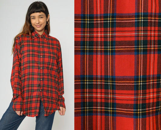 80s Brooks Brothers Red Plaid Wool Blend Button-Up Shirt Extra Large XL