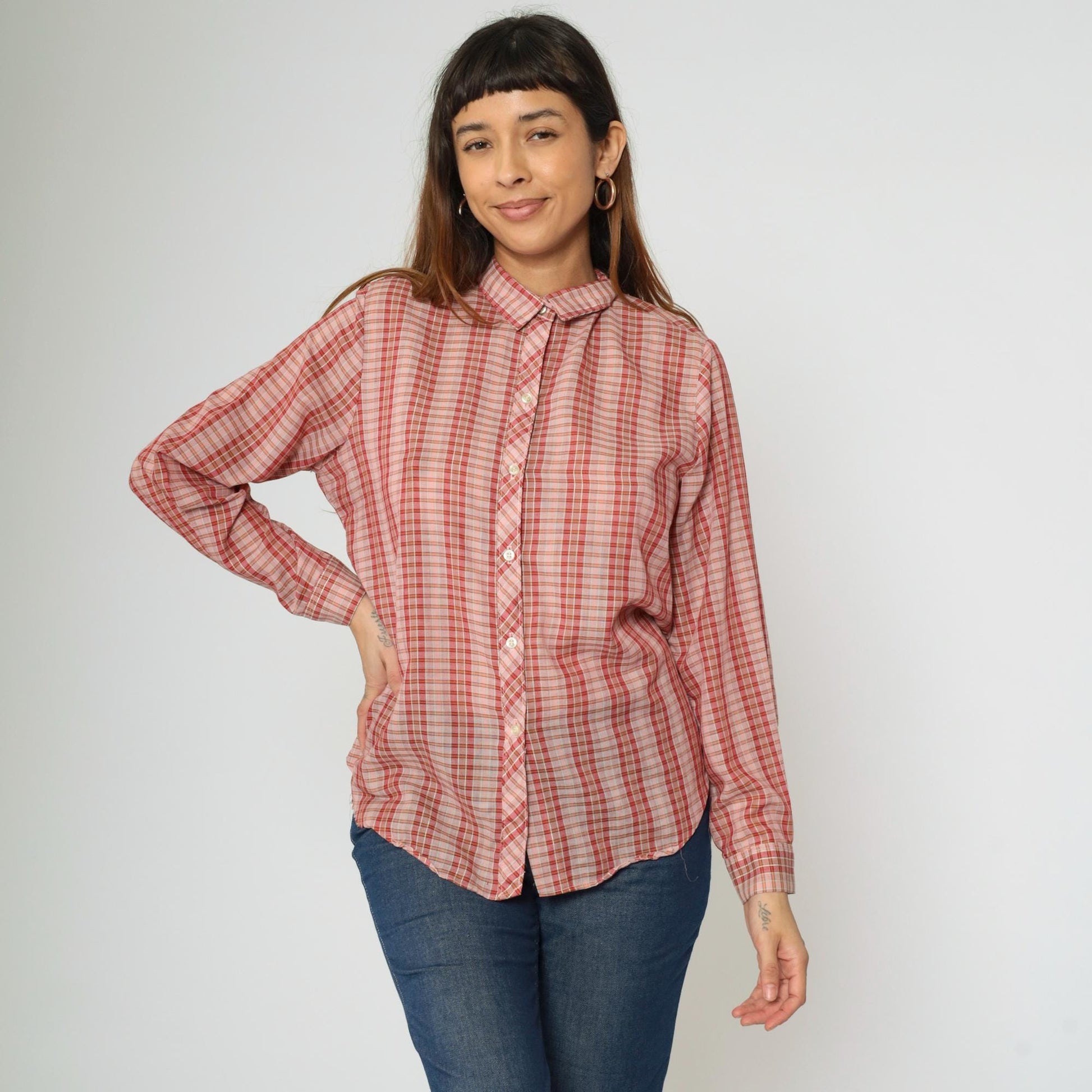 70s Pink Checkered Button-Up Blouse Long Sleeve Collar Sears Medium