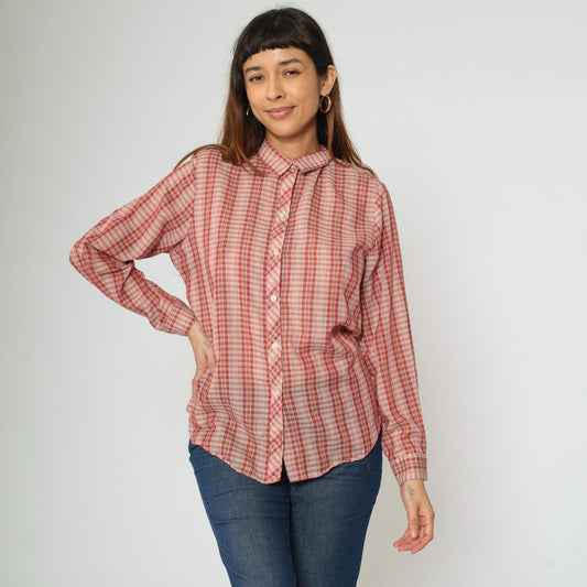 70s Pink Checkered Button-Up Blouse Long Sleeve Collar Sears Medium