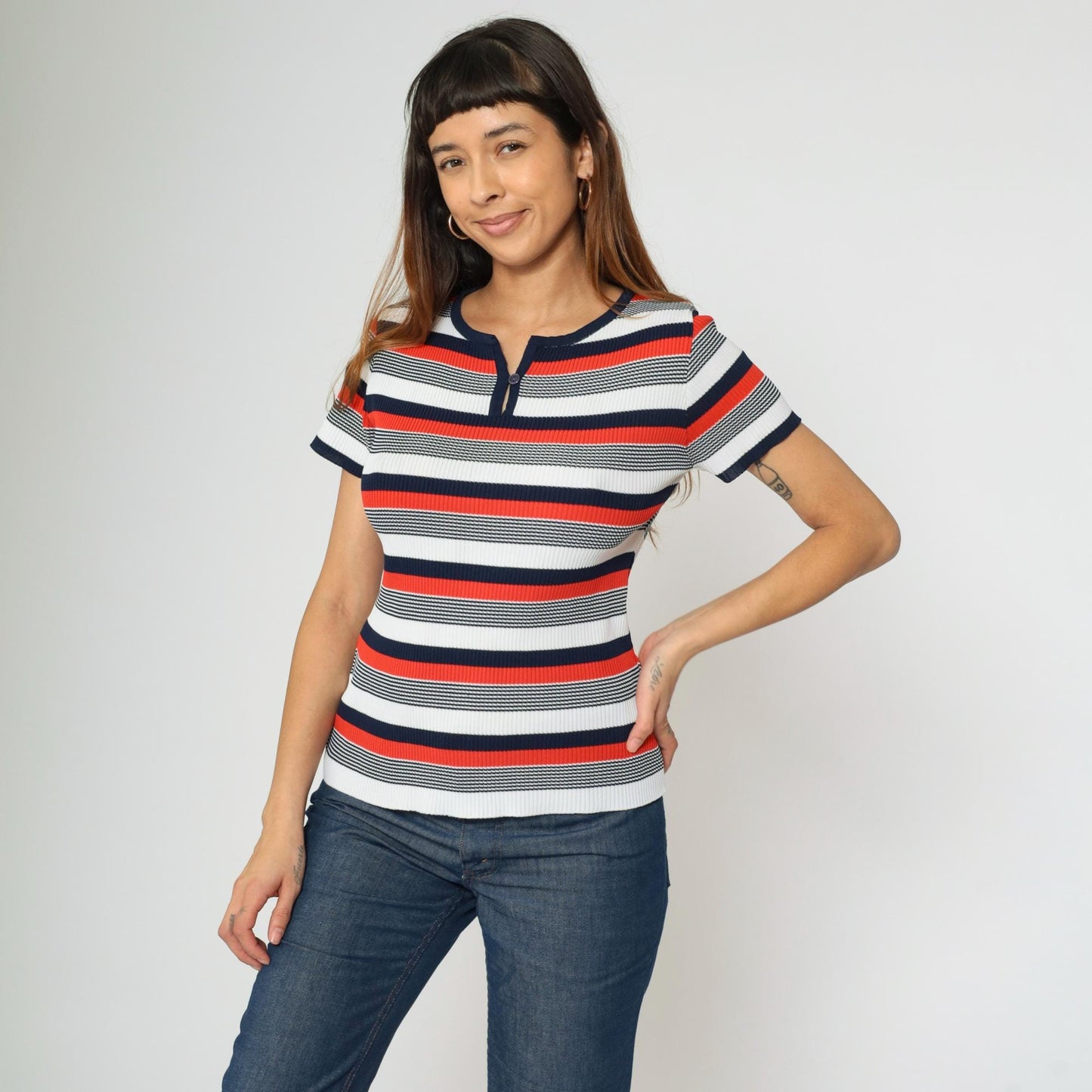 70s Striped Keyhole Neck Blouse Red White Navy Short Sleeve Small Medium