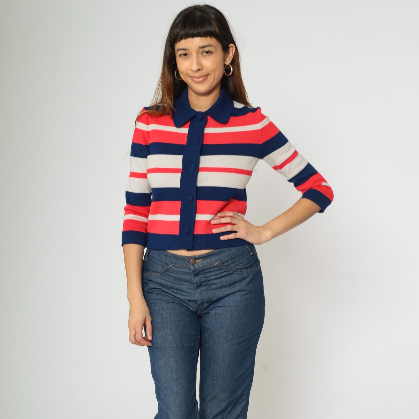 60s Striped Wool Cardigan Sweater Cropped Navy Pink White Small