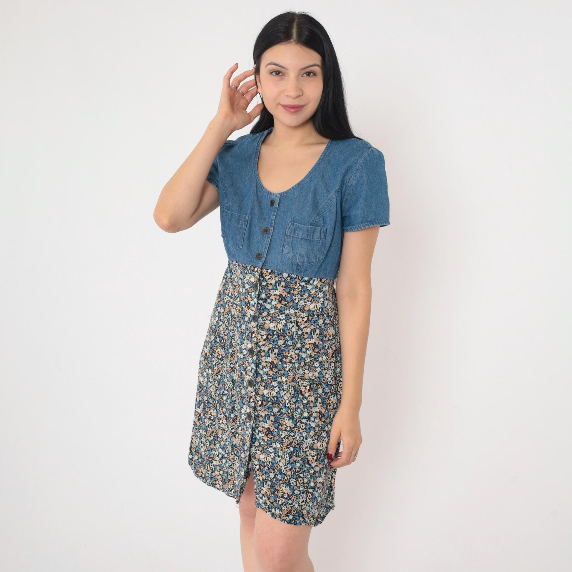 90s All That Jazz Floral Denim Mini Dress High Waist Button Up Blue Medium