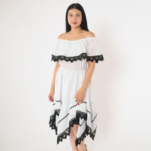 80s White Peasant Dress Off-Shoulder Midi Black Lace Trim Scarf Hem Small