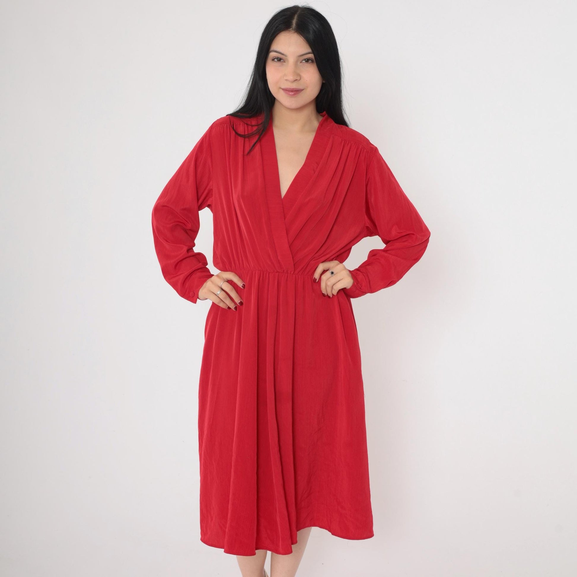 90s Red Wrap Midi Dress Deep V Neck High Waist Long Sleeve Medium