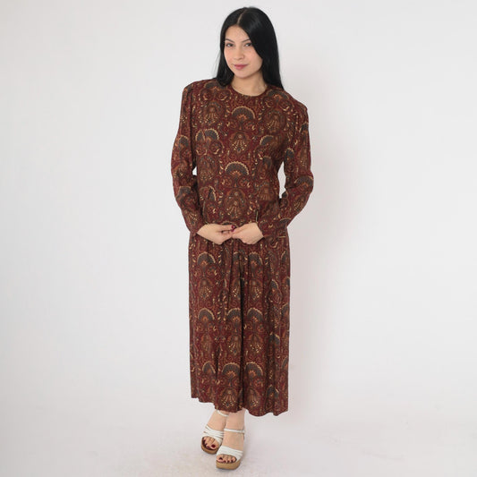 90s Maroon Paisley Midi Dress Gold Trim Puff Sleeve Button Back Medium