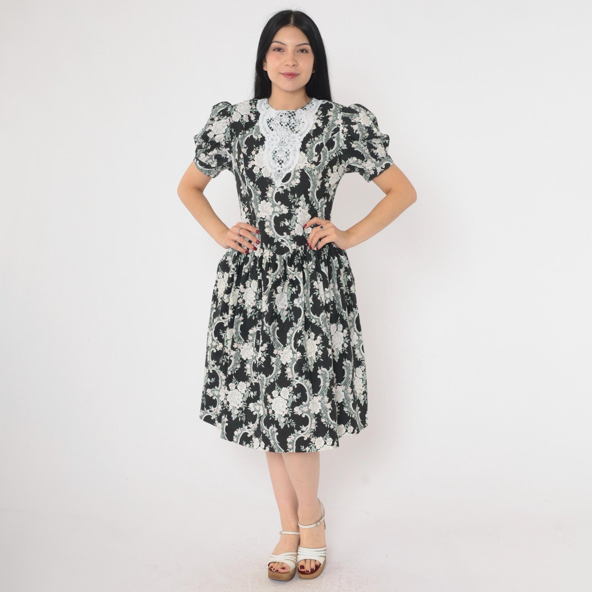 80s Gunne Sax Floral Lace Midi Dress Black White Puff Sleeve Basque Waist XS