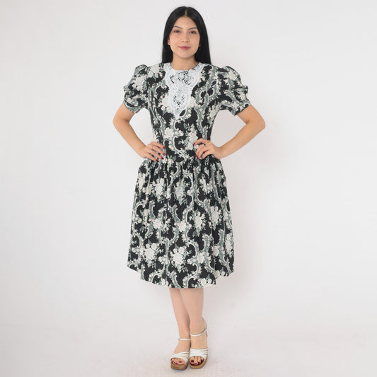 80s Gunne Sax Floral Lace Midi Dress Black White Puff Sleeve Basque Waist XS