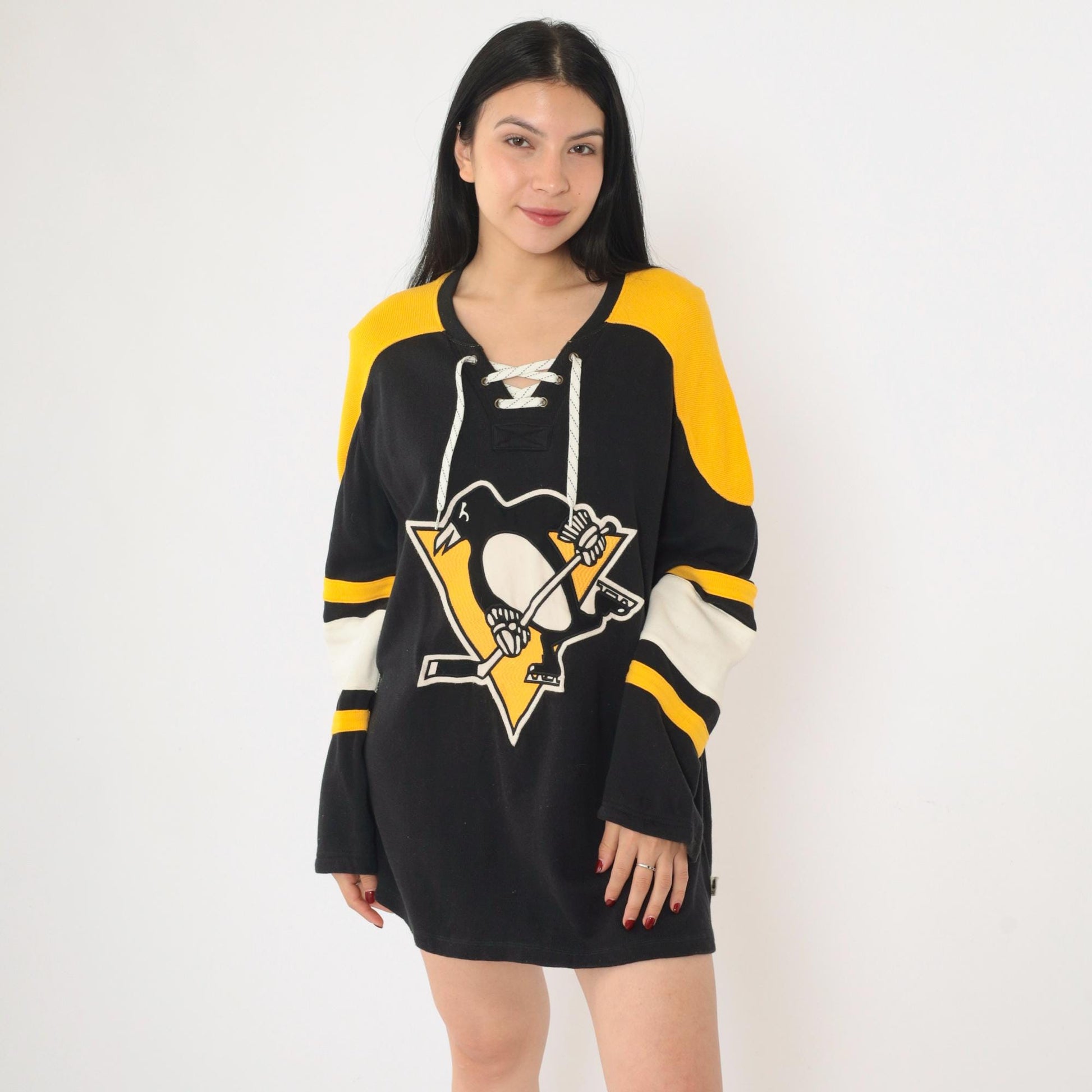 CCM Pittsburgh Penguins Hockey Jersey Black Yellow Lace-Up Medium
