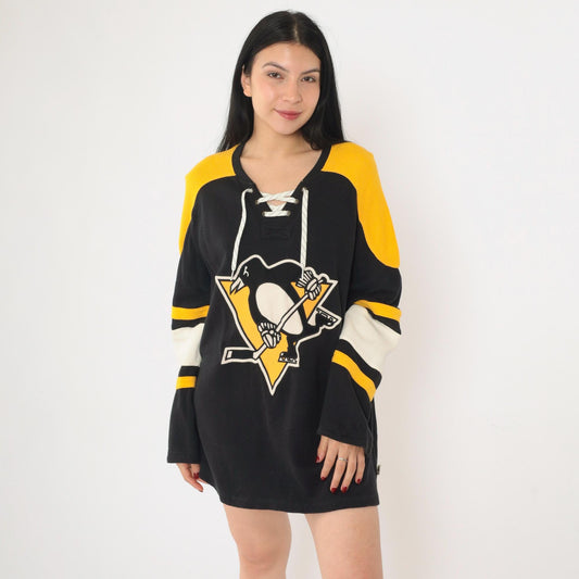 CCM Pittsburgh Penguins Hockey Jersey Black Yellow Lace-Up Medium