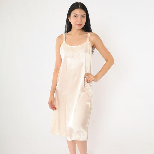 90s Floral Embroidered Slip Dress Pale Pink Satin Midi Chemise Medium