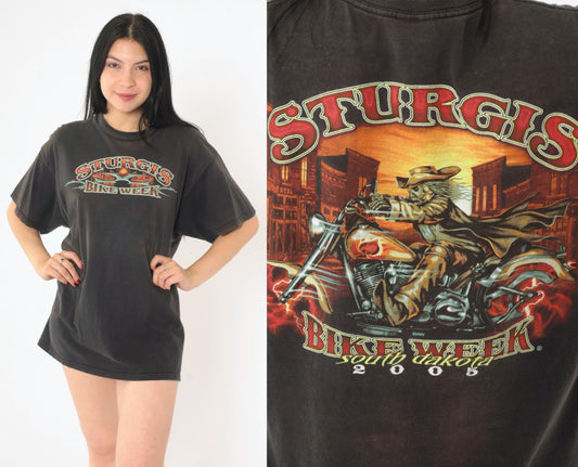 2005 Sturgis Bike Week Skeleton Cowboy Motorcycle T-Shirt Black Large