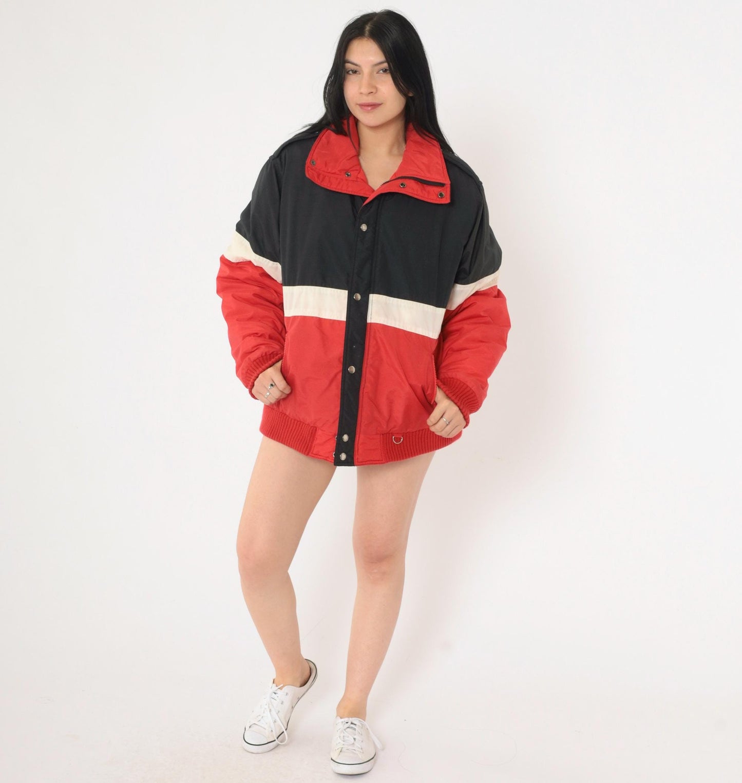 80s Color Block Puffer Ski Jacket Red Black White Nylon Large