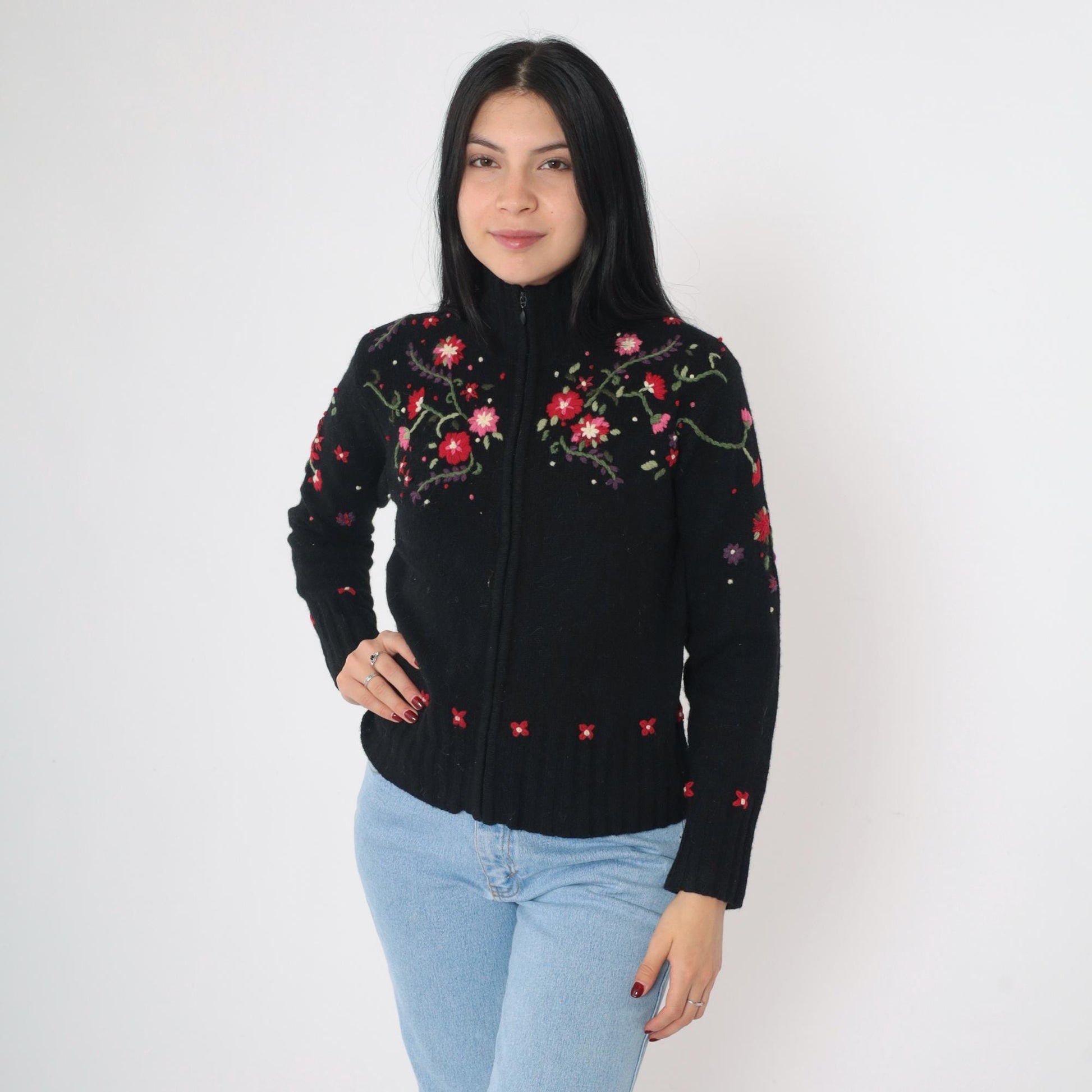 Y2K Talbots Floral Embroidered Cardigan Black Lambswool Mock Neck Zip Small