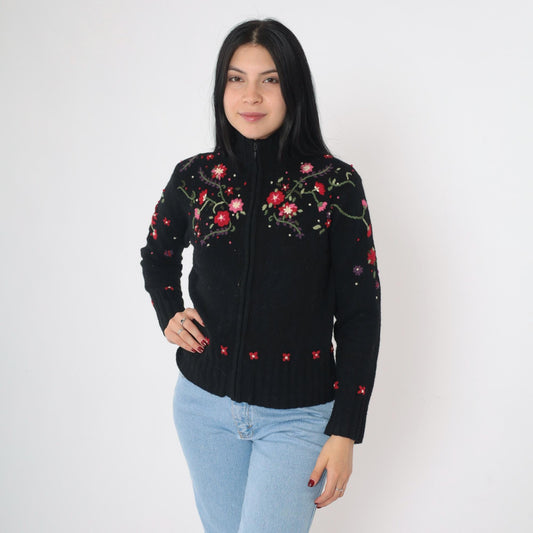 Y2K Talbots Floral Embroidered Cardigan Black Lambswool Mock Neck Zip Small