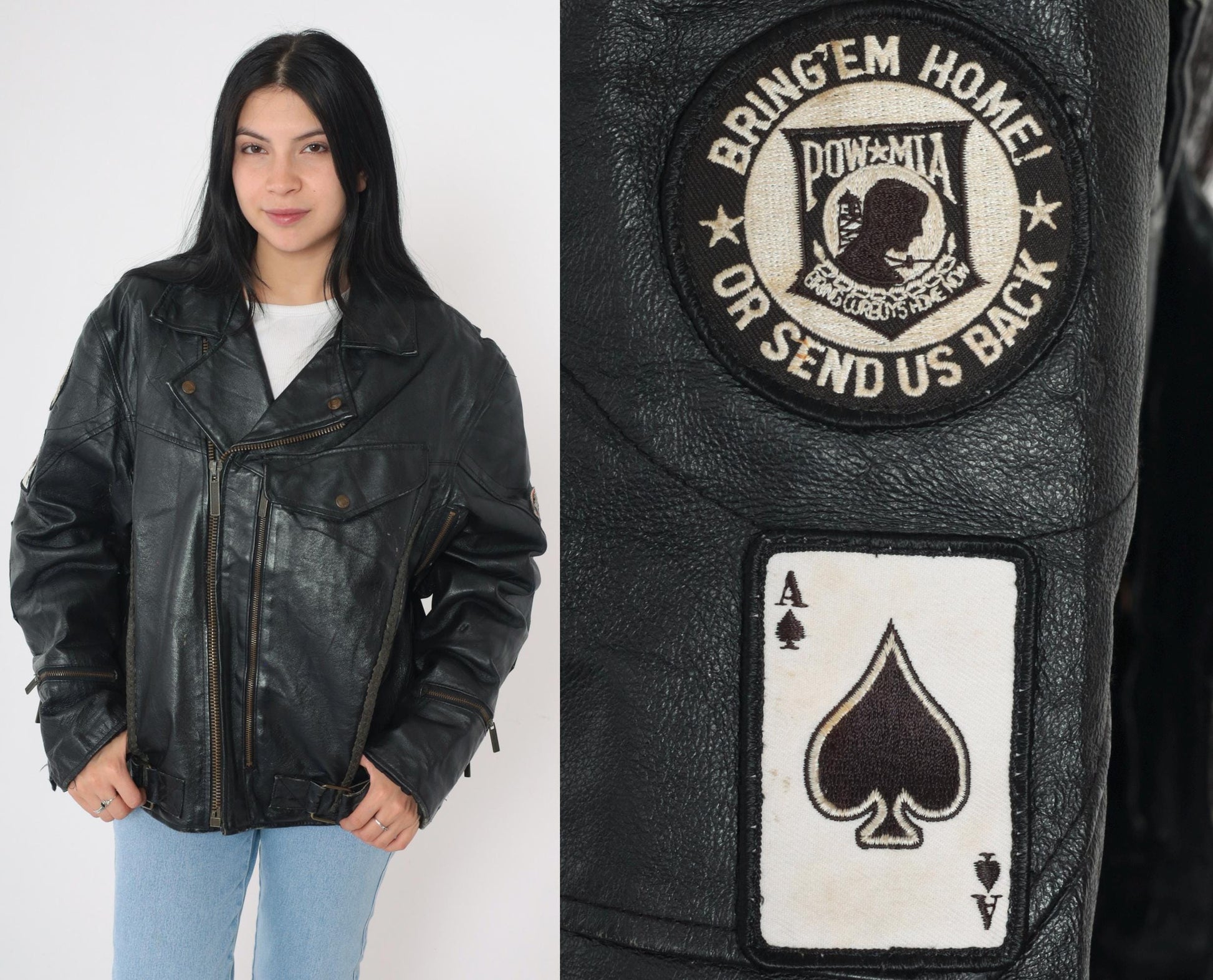90s Black Leather Motorcycle Jacket POW MIA Patch Ace Spades Harley Medium