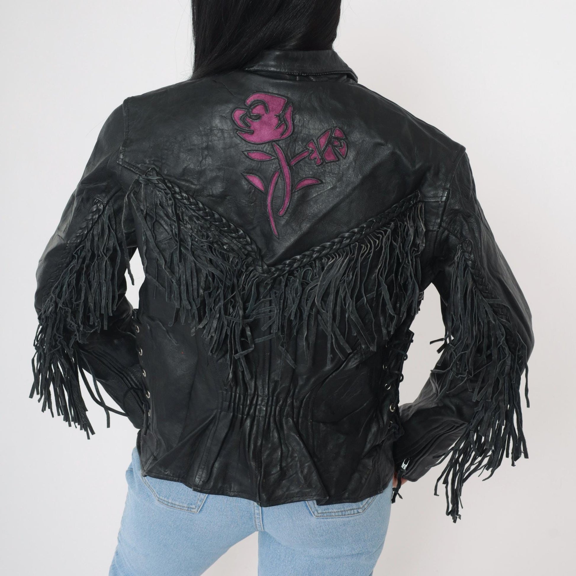 90s Black Leather Fringe Jacket Purple Suede Roses Western Biker Large L