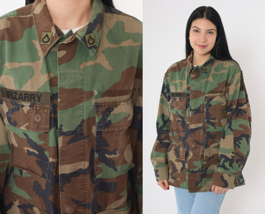90s U.S. Army Woodland Camo Field Jacket Airborne Patches Medium Short