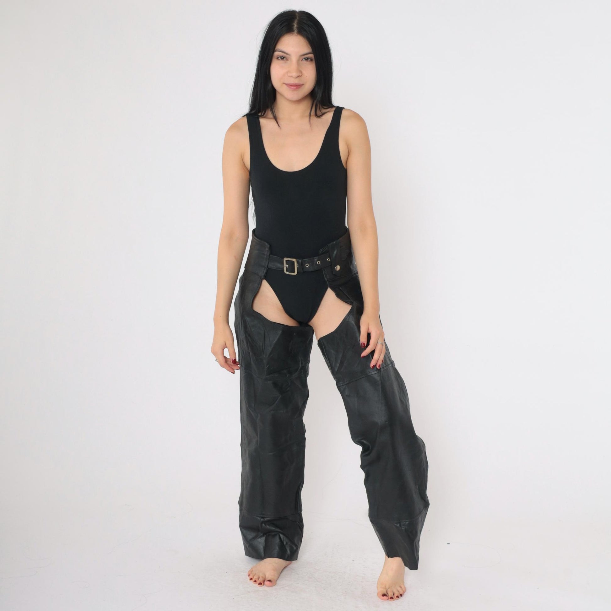 90s Black Leather Assless Chaps Motorcycle Buckle Zippers Small S