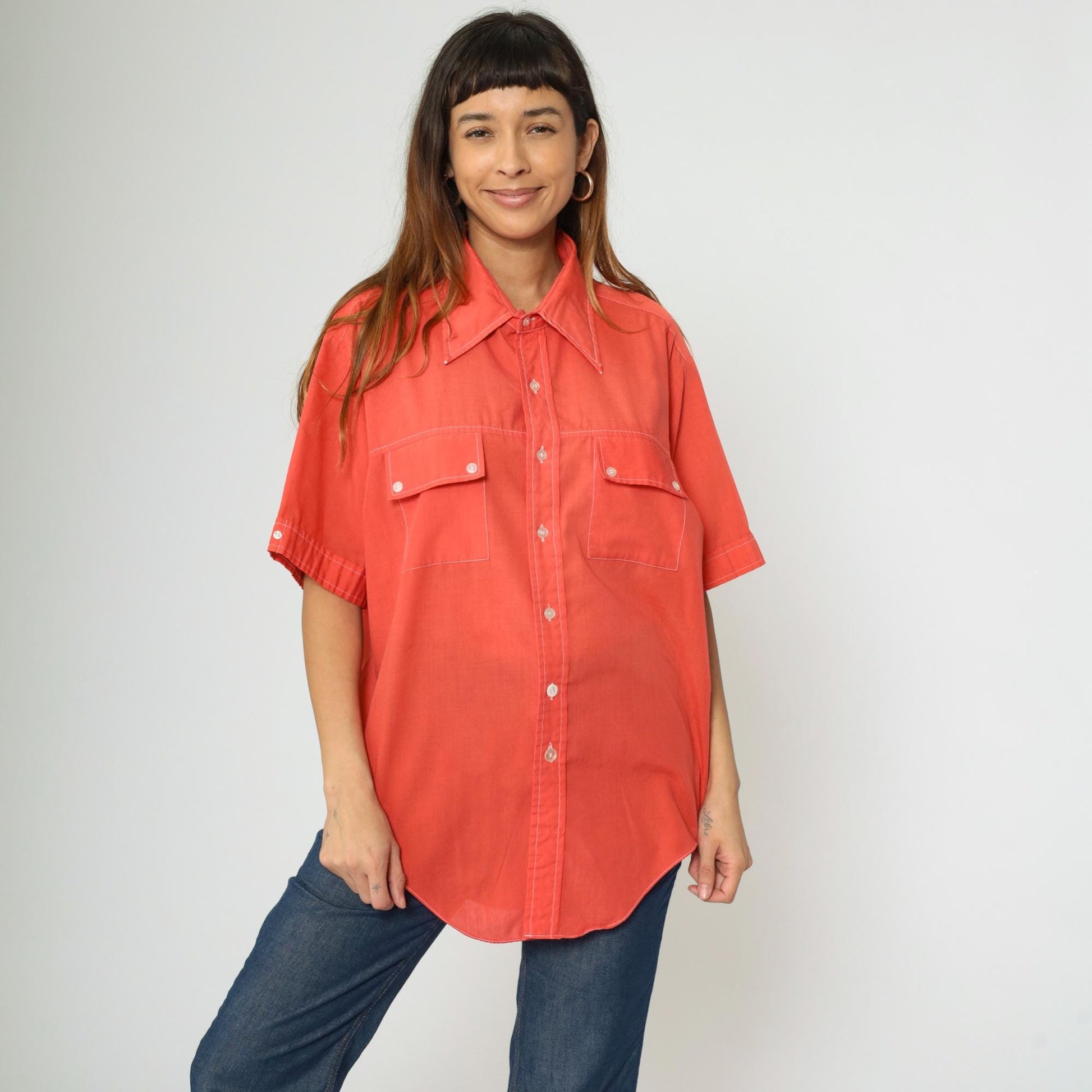 70s Marlboro Western Shirt Orange Button Down Dagger Collar Large