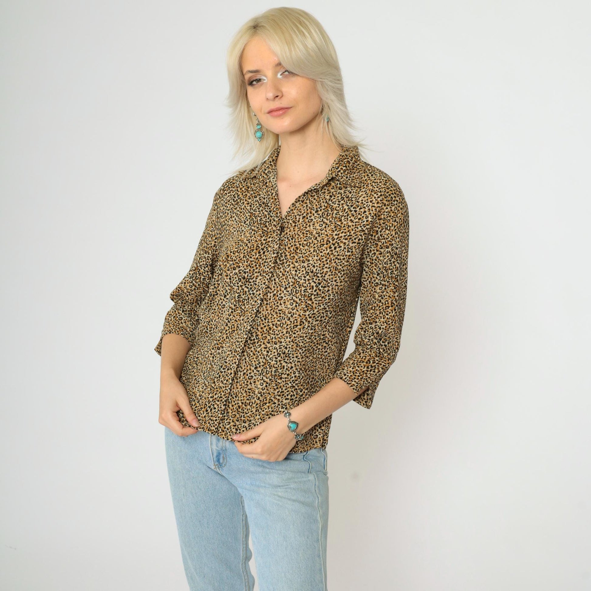 90s Leopard Print Button Up Blouse 3/4 Sleeve Shirt Small Medium