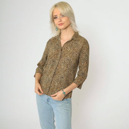 90s Leopard Print Button Up Blouse 3/4 Sleeve Shirt Small Medium