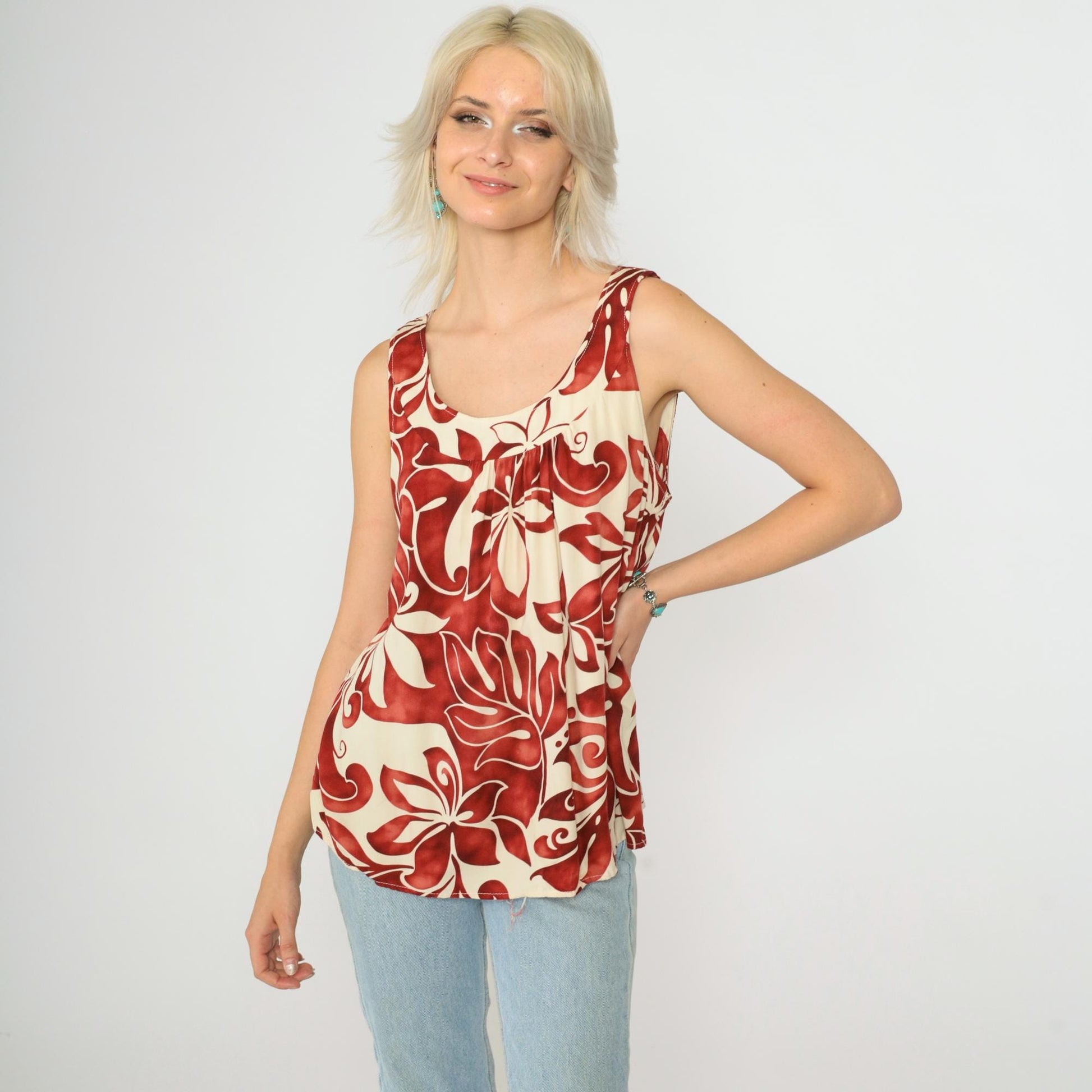 90s Pumehana Tropical Floral Tank Top Cream Red Hawaiian Sleeveless Medium