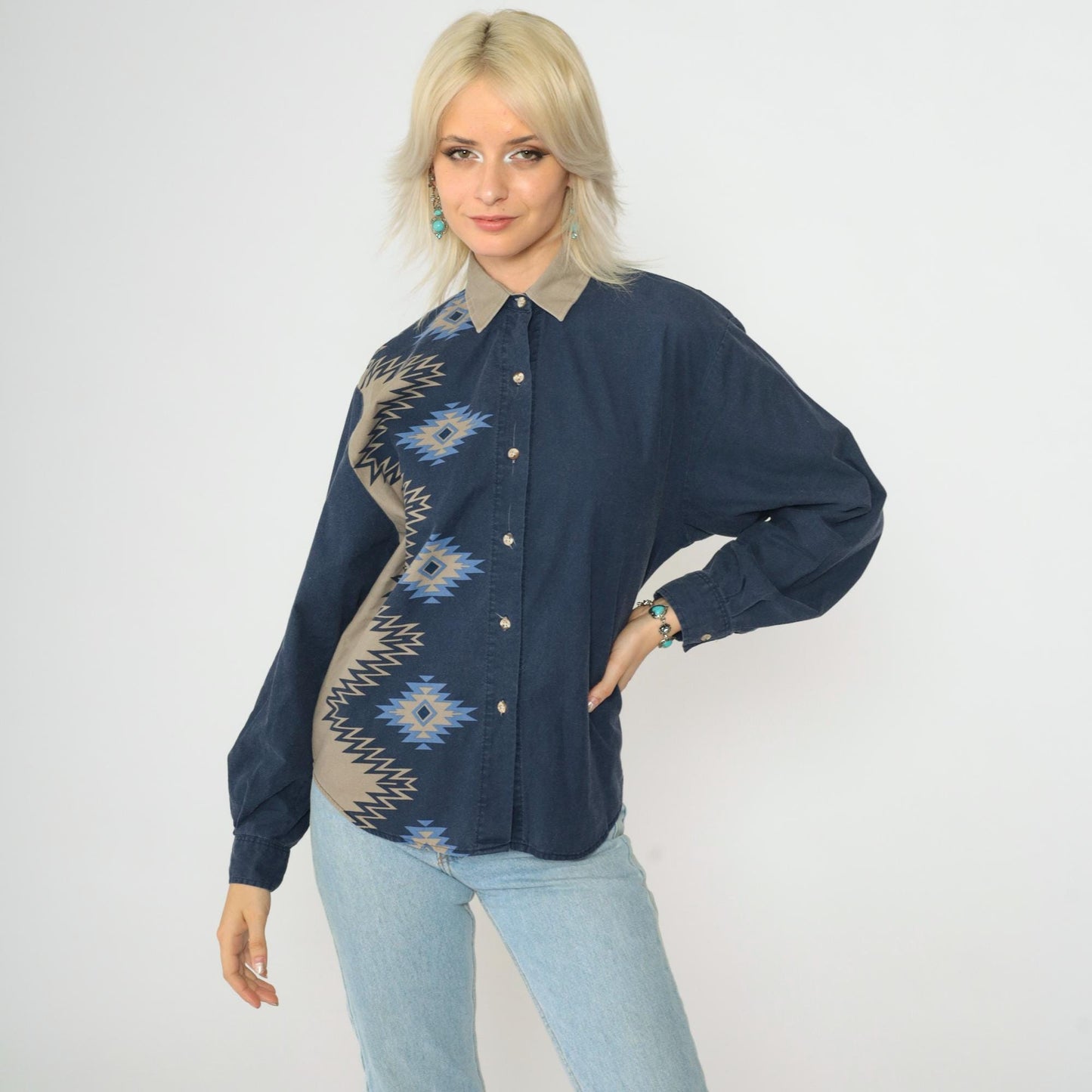 90s Roper Southwestern Navy Button-Up Blouse Striped Navajo Print Small