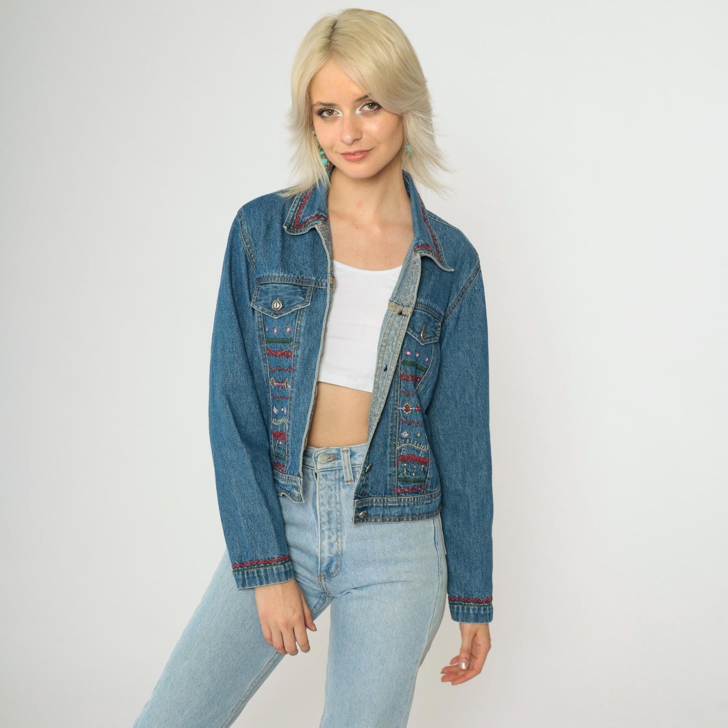 00s New Identity Denim Jacket Geometric Embroidery Blue Jean Jacket Small