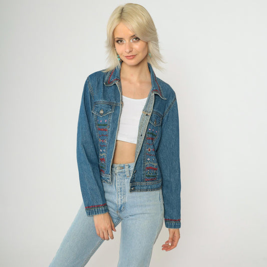 00s New Identity Denim Jacket Geometric Embroidery Blue Jean Jacket Small