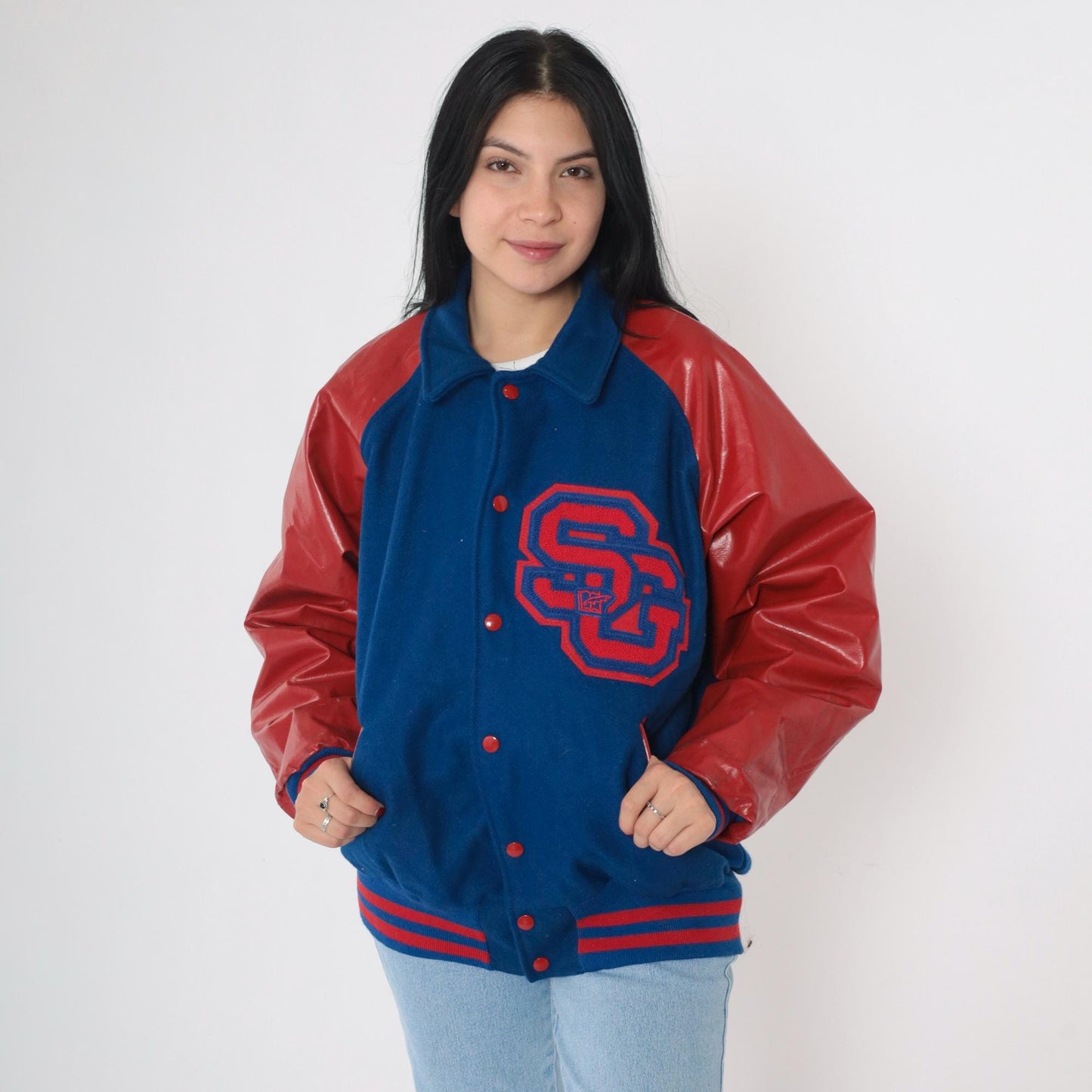90s Varsity Jacket Blue Red Wool Melton Leather Sleeves SG Patch Men's Large L