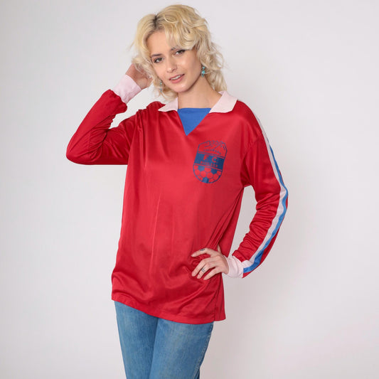 80s Colorado FC Boulder Soccer Jersey Red Blue Striped Long Sleeve Medium