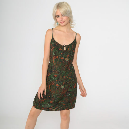 90s Paisley Print Mini Sundress Green Orange Spaghetti Strap Keyhole Medium