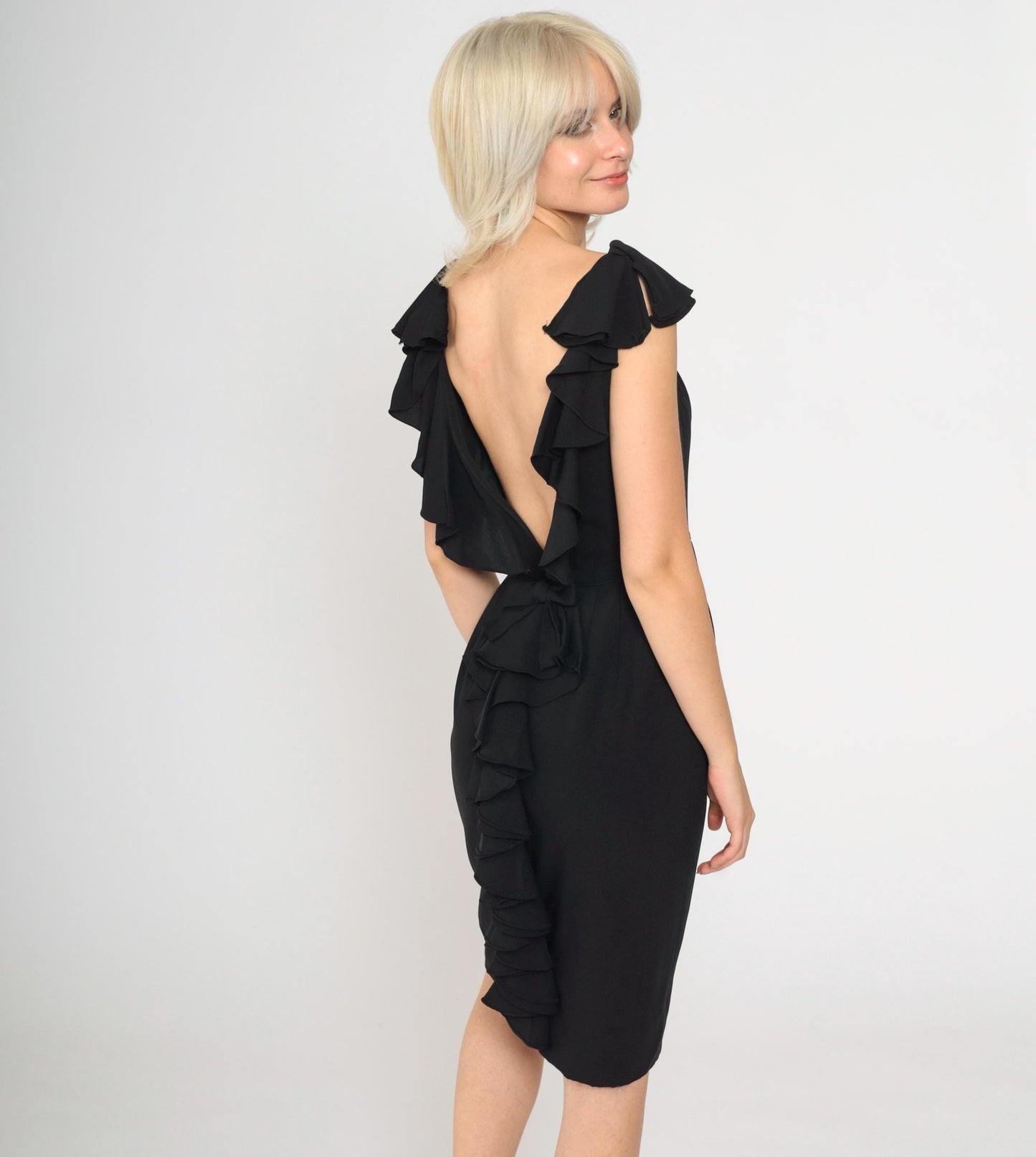 1960s Black Sheath Dress Ruffle Open Back Pencil Knee Length Small
