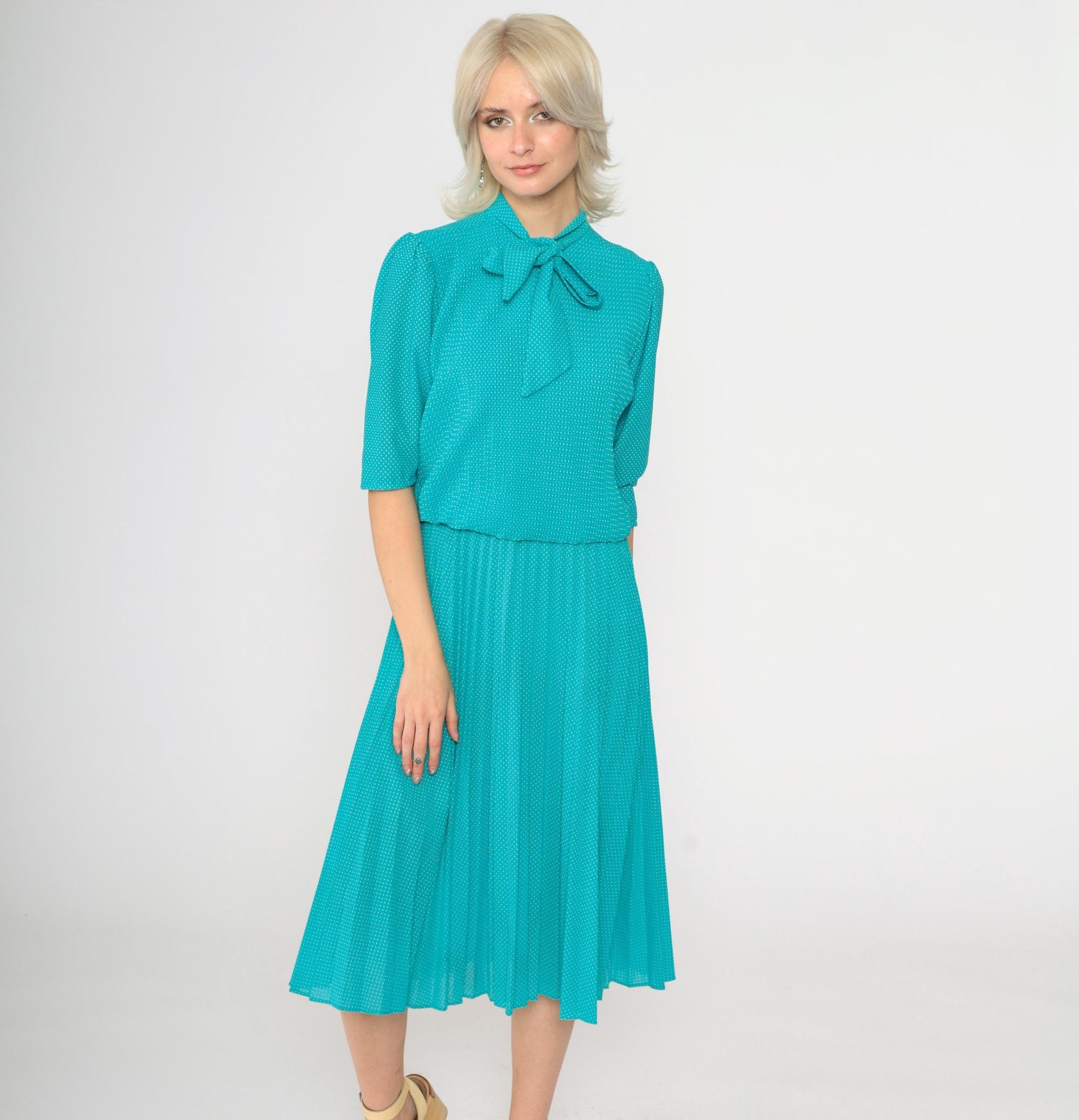 70s Turquoise Polka Dot Midi Dress Ascot Bow High Waist Pleated Small Medium