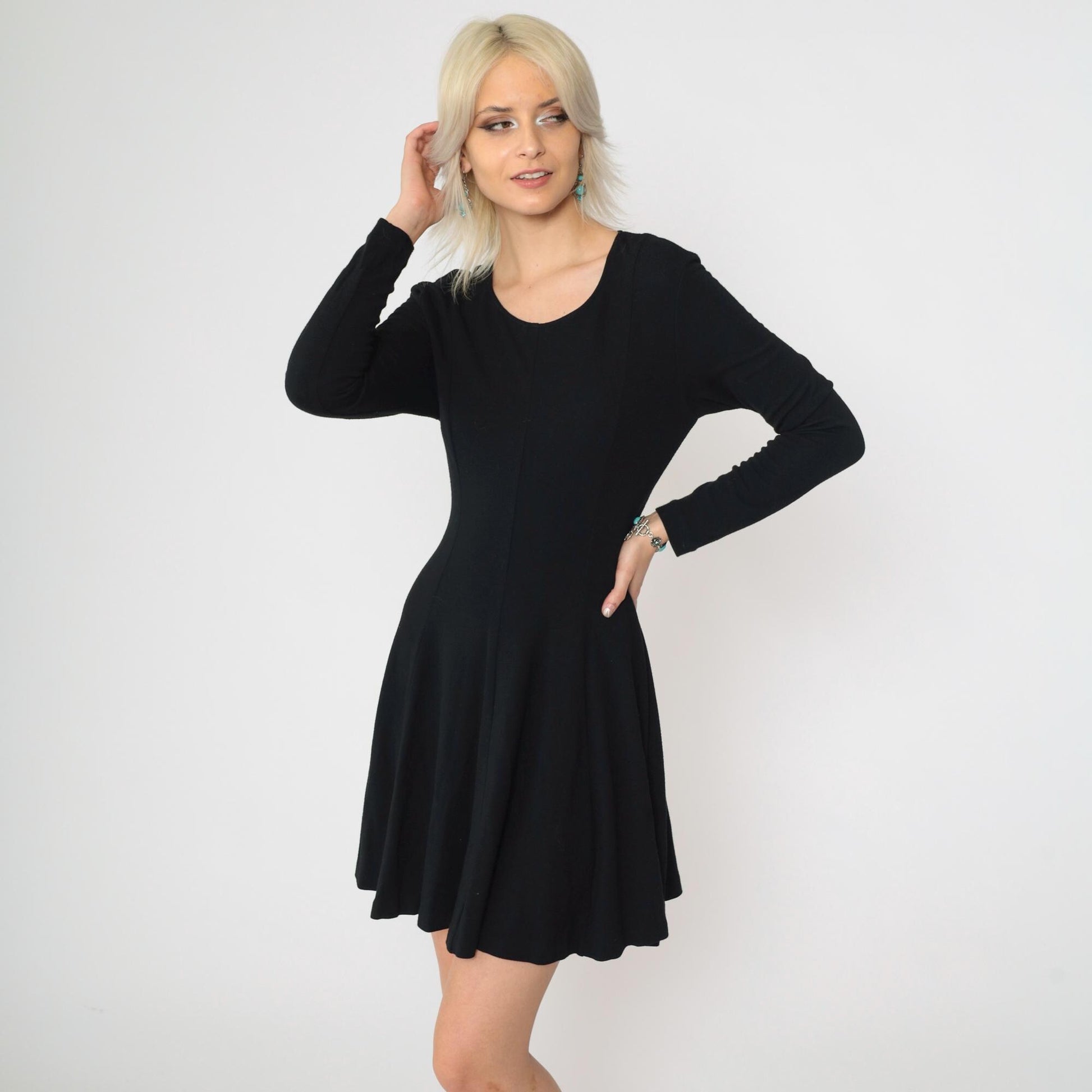 90s Norma Kamali Black Mini Dress Lace-Up Back Long Sleeve Scoop Neck Small Medium