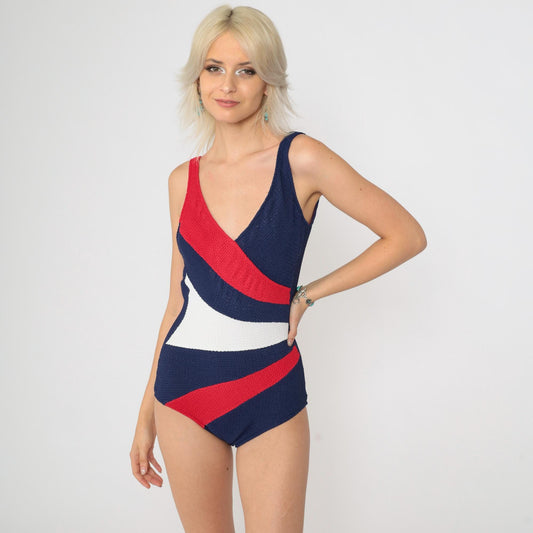 70s Robby Len One-Piece Swimsuit Red White Blue Color-Block V-Neck Low Back Medium